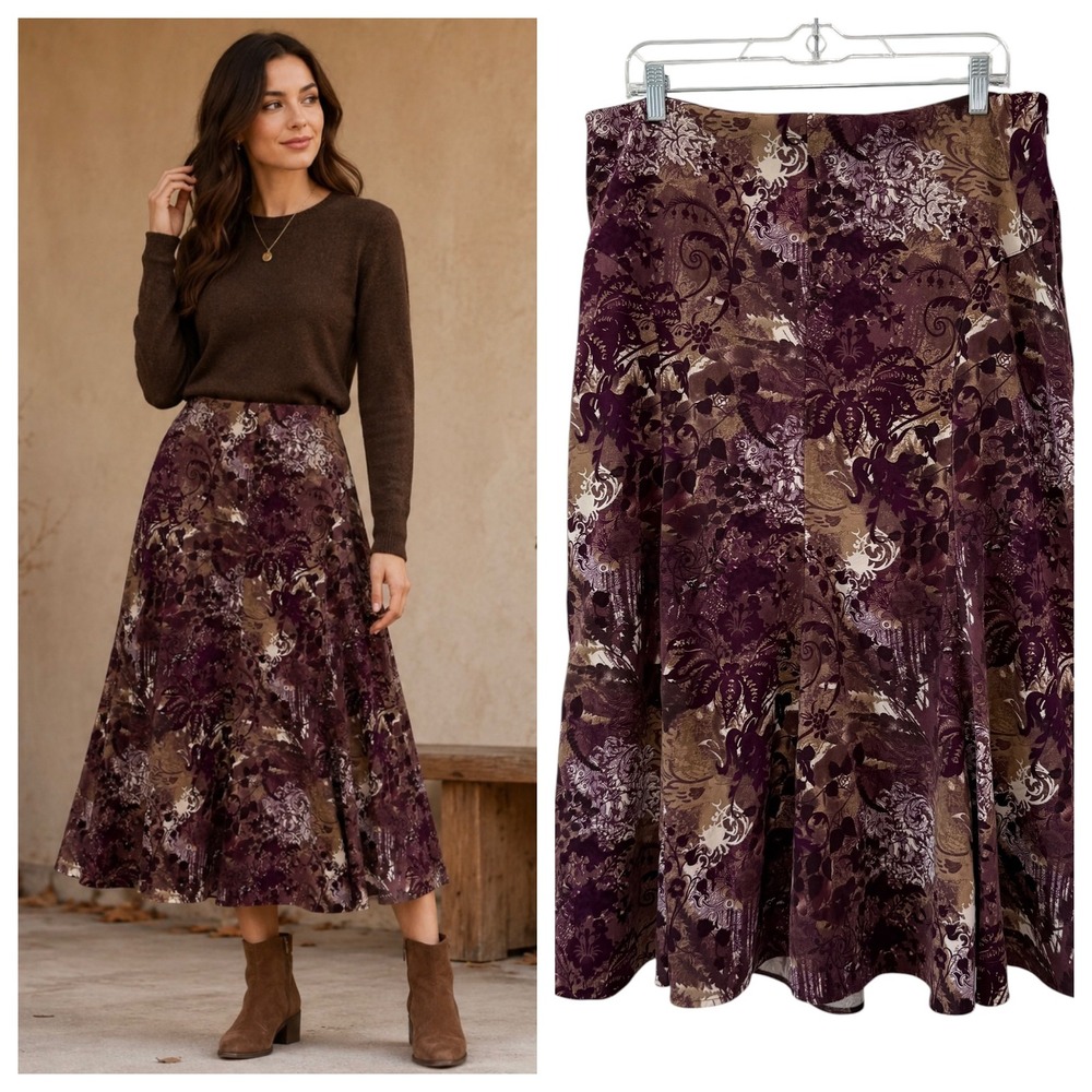 Vintage Fall Vibes Purple Paisley Boho Midi Skirt 14 Floral Stretch Velvet Suede